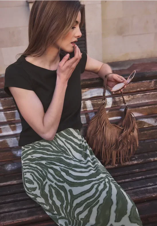 Street One Studio Frauen Midi-Rock mit Zebra-Muster in Grün, Gr: 36