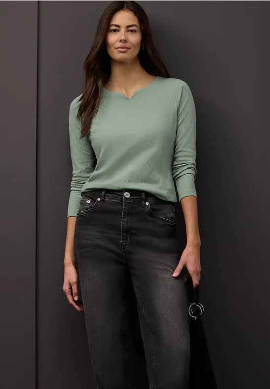 Thumbnail - Street One Frauen Basic Shirt mit Rippstruktur in Grün, Gr: 34