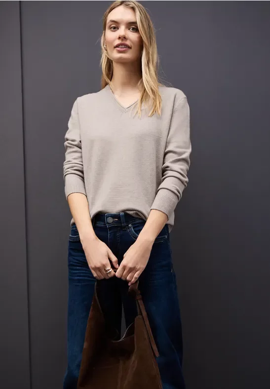 Thumbnail - Street One Frauen Kuscheliger V-Neck Pullover in Beige, Gr: 38