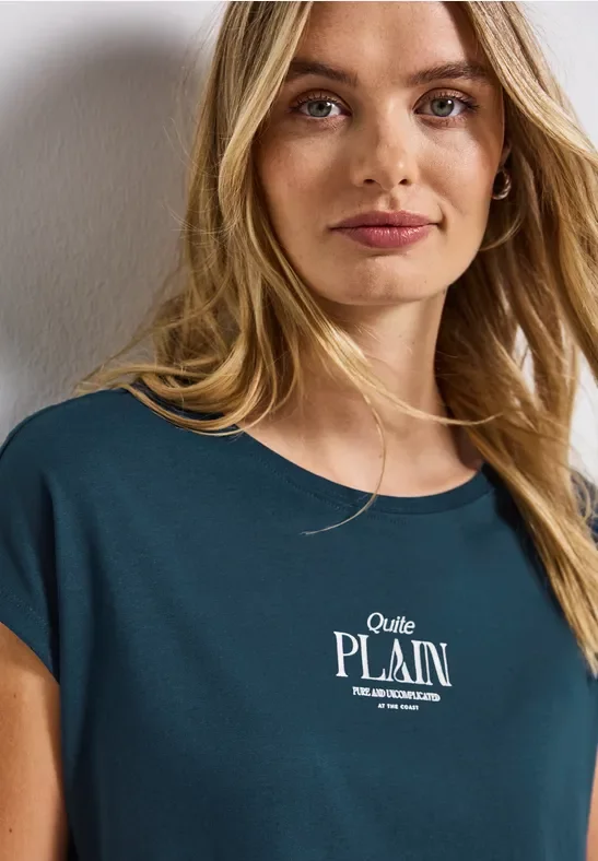 Thumbnail - Street One Frauen Basic Shirt mit Wording in Türkis, Gr: 34