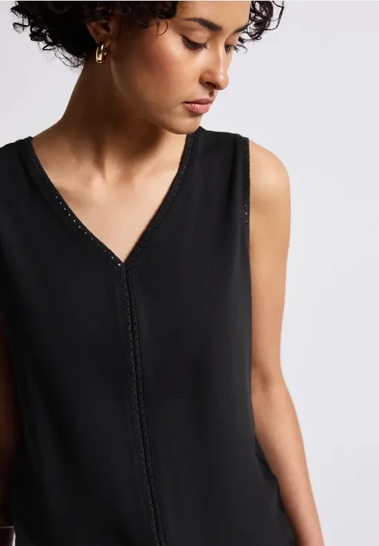 Street One Frauen Jersey-Top mit Häkeldetails in Schwarz, Gr: 36