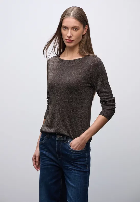 Street One Frauen Glitzerndes Langarmshirt in Braun, Gr: 38