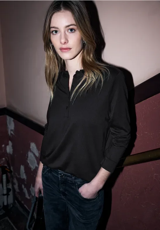 Street One Studio Frauen Langarmshirt mit Rüschen in Schwarz, Gr: 38