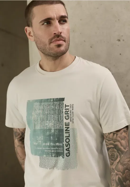 Thumbnail - Street One MEN Männer T-Shirt mit Frontprint in Beige, Gr: 3XL