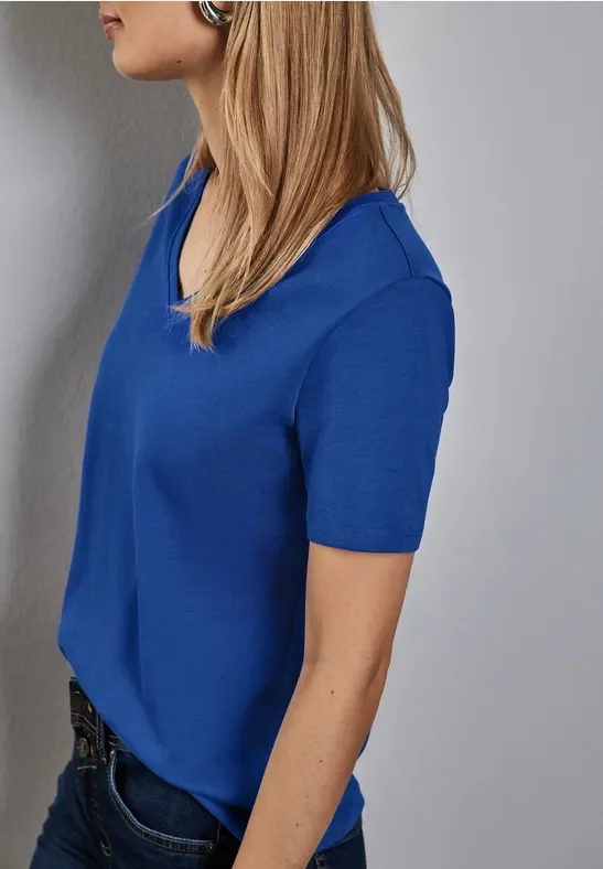 Street One Frauen Basic V-Neck Shirt in Blau, Gr: 34