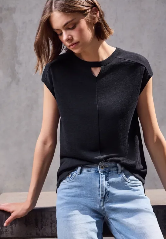 Street One Studio Frauen Leinen-Look Cut-Out Shirt in Blau, Gr: 46