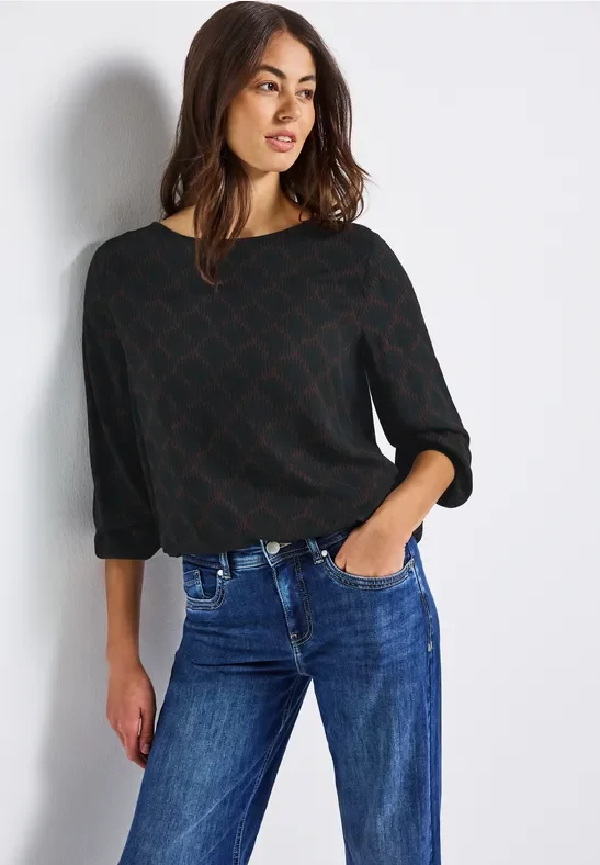 Thumbnail - Street One Frauen Print-Bluse mit Elastiksaum in Schwarz, Gr: 38