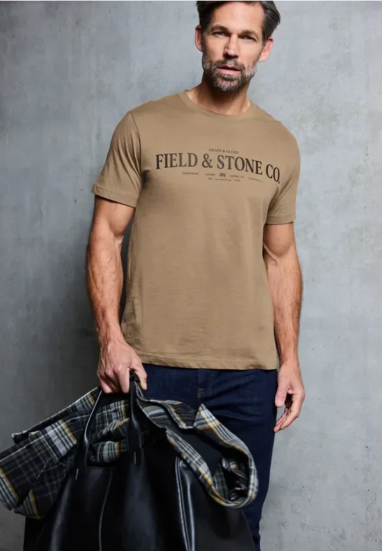 Street One MEN Männer Softes T-Shirt mit Wording in Braun, Gr: 3XL