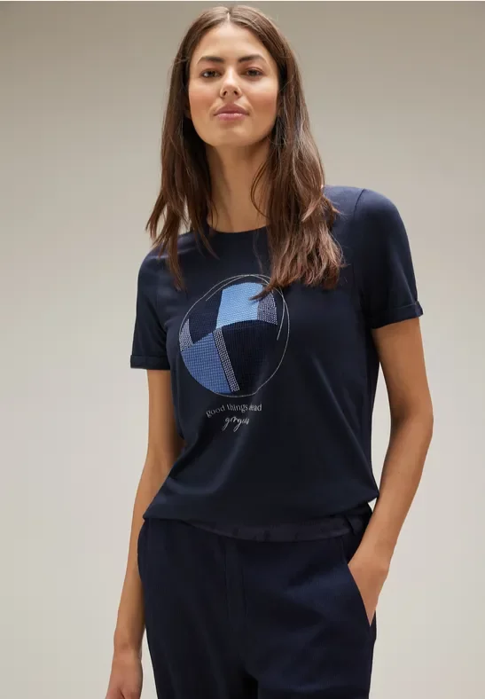 Street One Frauen T-Shirt mit Steinchendeko in Blau, Gr: 36