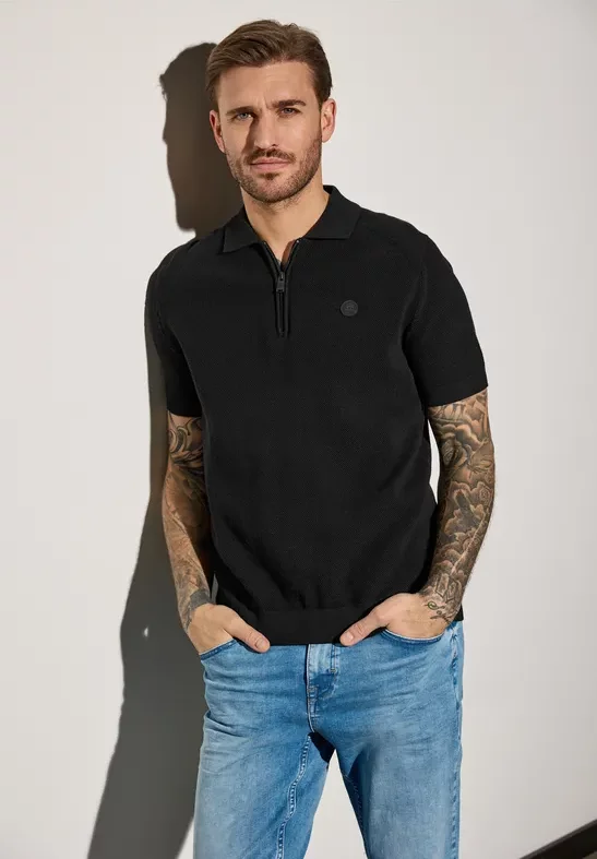 Street One MEN Männer Zipped Struktur Poloshirt in Schwarz, Gr: M