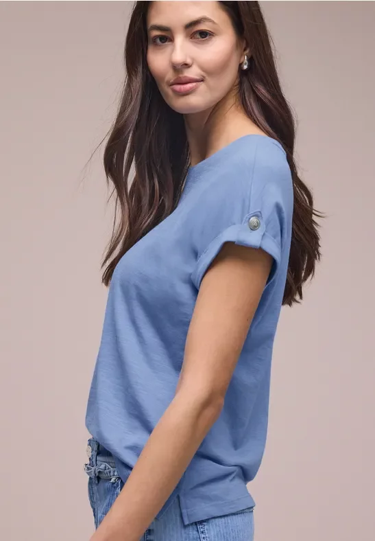 Street One Frauen T-Shirt mit Rundhals und Knopfdetails in Blau, Gr: 36