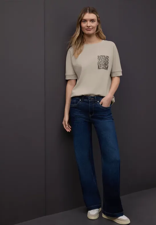 Street One Frauen T-Shirt mit Leo-Brusttasche in Beige, Gr: 40