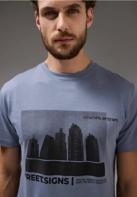 Street One MEN Männer T-Shirt mit Skyline-Print in Grau, Gr: XL