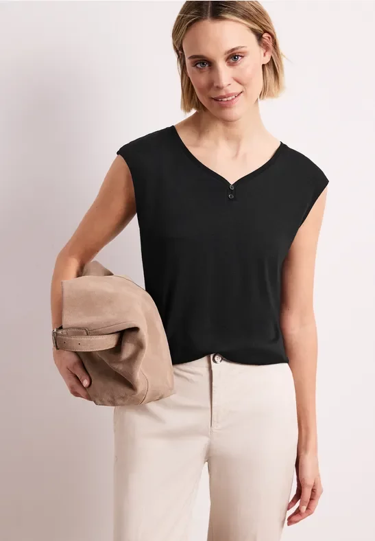 Street One Frauen Shirt mit gerundetem V-Ausschnitt in Schwarz, Gr: 34