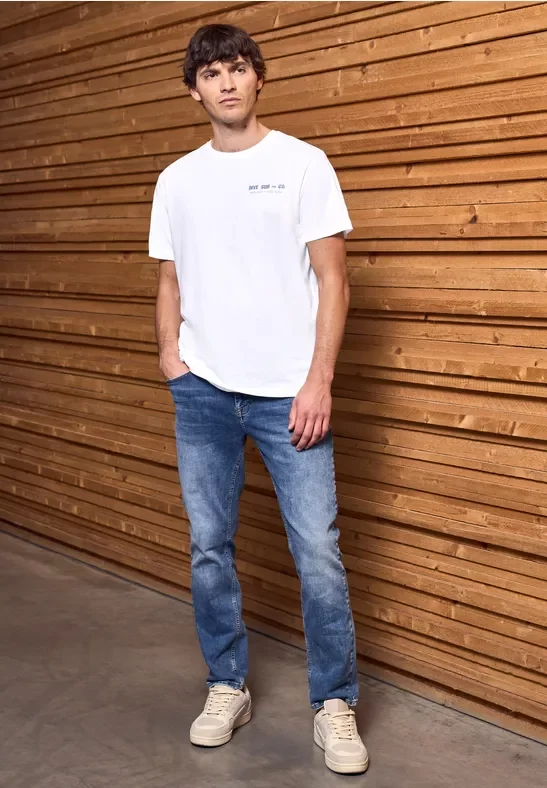 Thumbnail - Street One MEN Männer T-Shirt mit Wording Detail in Weiß, Gr: XXL