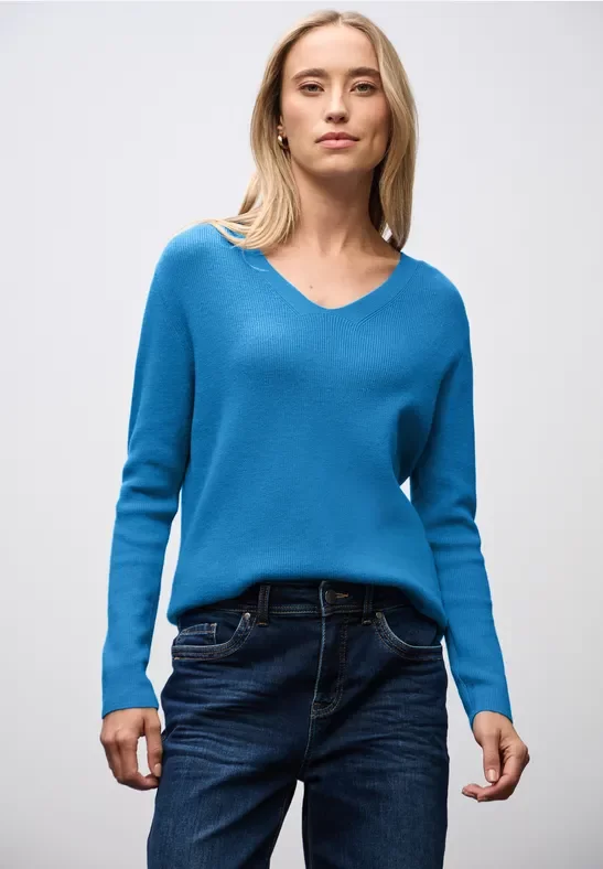 Street One Frauen Basic V-Neck Pullover in Blau, Gr: 44