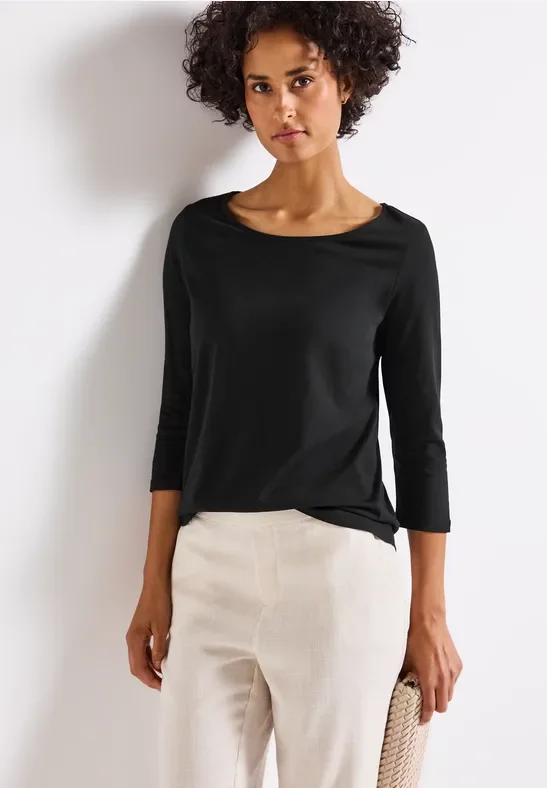 Street One Frauen Shirt mit U-Boot-Ausschnitt in Schwarz, Gr: 36