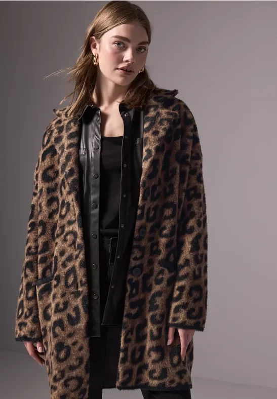 Street One Studio Frauen Strickmantel im Leo-Look in Beige, Gr: 46