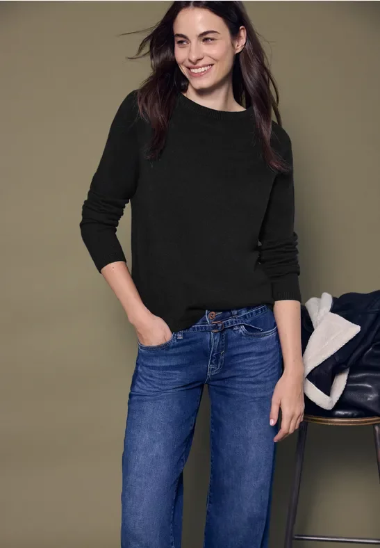 Street One Studio Frauen Softer Rundhals Pullover in Schwarz, Gr: 46