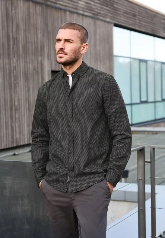 Street One MEN Männer Gemustertes Popeline Hemd in Schwarz, Gr: 3XL