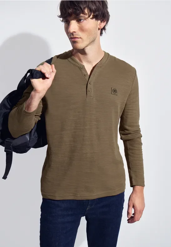 Street One MEN Männer Softes Slub Henleyshirt in Braun, Gr: 3XL