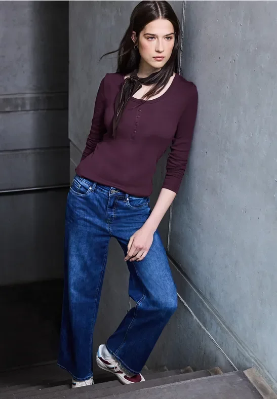 Street One Studio Frauen Rippshirt mit Knopfdetail in Lila, Gr: 40