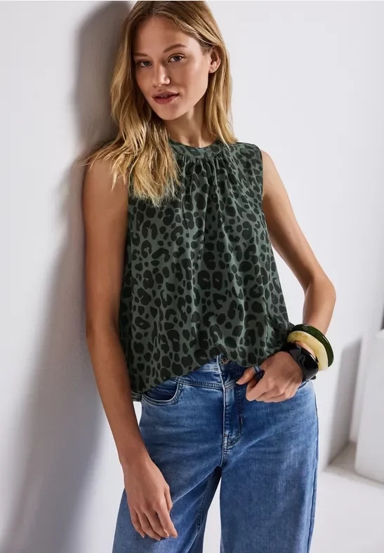 Street One Frauen Jersey-Top mit Leo-Muster in Grün, Gr: 46