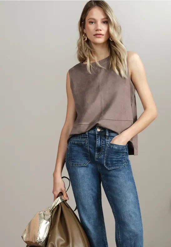 Street One Frauen Velours-Top mit Ziernähten in Braun, Gr: 46