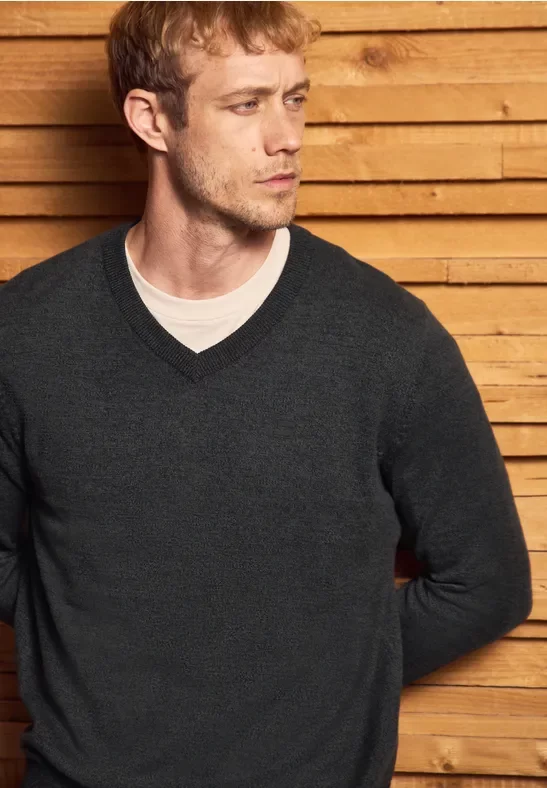 Street One MEN Männer Basic V-Neck Strickpullover in Grau, Gr: 3XL