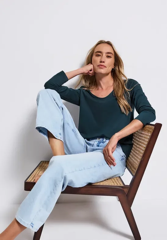 Thumbnail - Street One Frauen Langarmshirt in Unifarbe in Türkis, Gr: 38