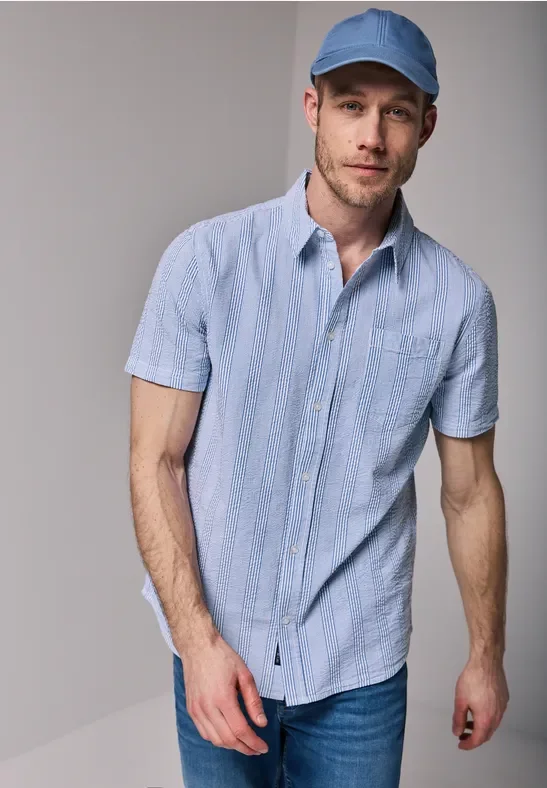 Thumbnail - Street One MEN Männer Seersucker Baumwoll-Hemd in Blau, Gr: M