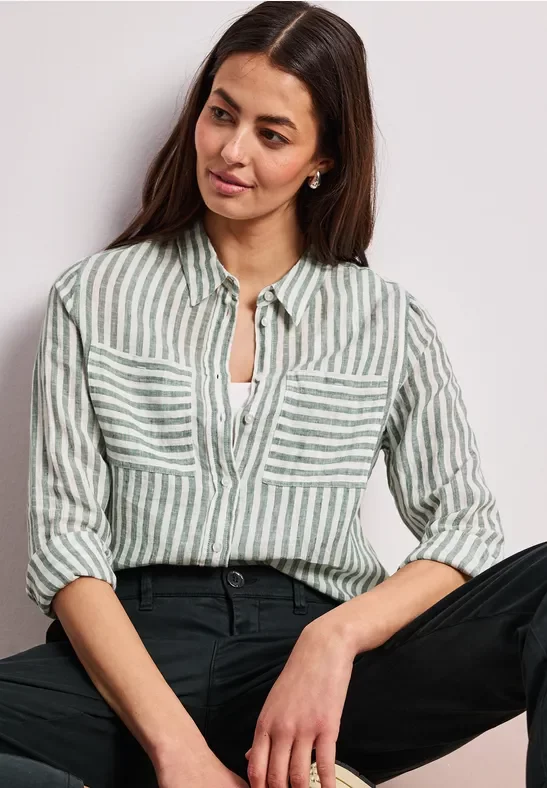 Street One Frauen Langarm Hemdbluse aus Leinen in Grün, Gr: 42