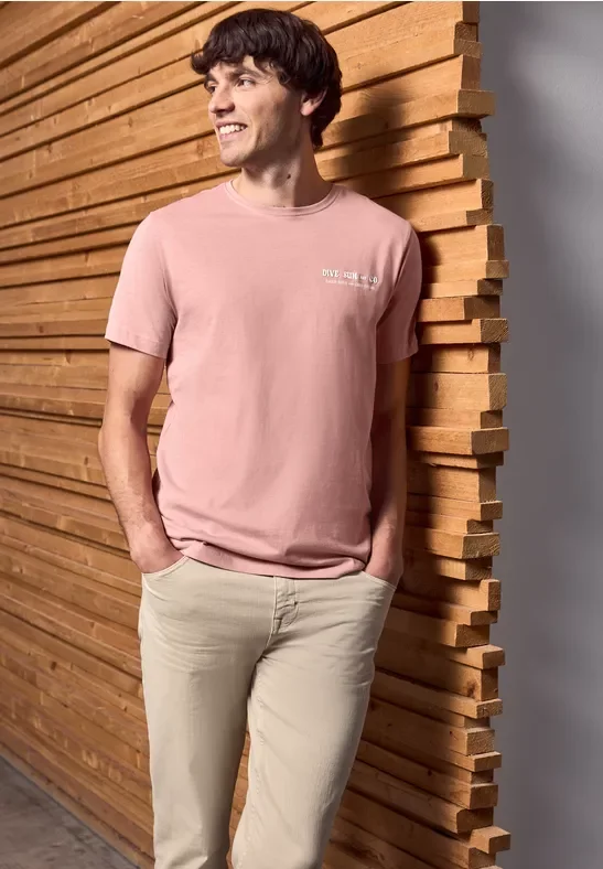 Street One MEN Männer T-Shirt mit Wording Detail in Rosa, Gr: S