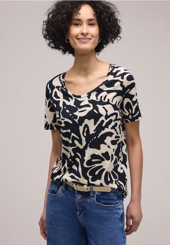 Street One Frauen Kurzarm T-Shirt mit abstraktem Print in Blau, Gr: 44