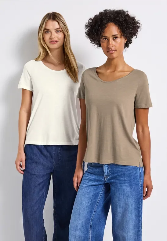 Thumbnail - Street One Frauen 2er-Pack V-Neck T-Shirt in Beige|Weiß, Gr: 46