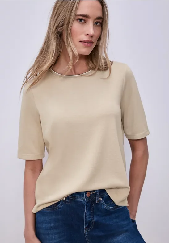 Street One Frauen T-Shirt mit Kontrastdetail in Beige, Gr: 40