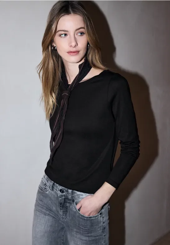 Street One Studio Frauen Basic Langarmshirt in Schwarz, Gr: 44