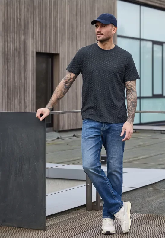 Street One MEN Männer T-Shirt mit grafischem Minimal Print in Blau, Gr: 3XL