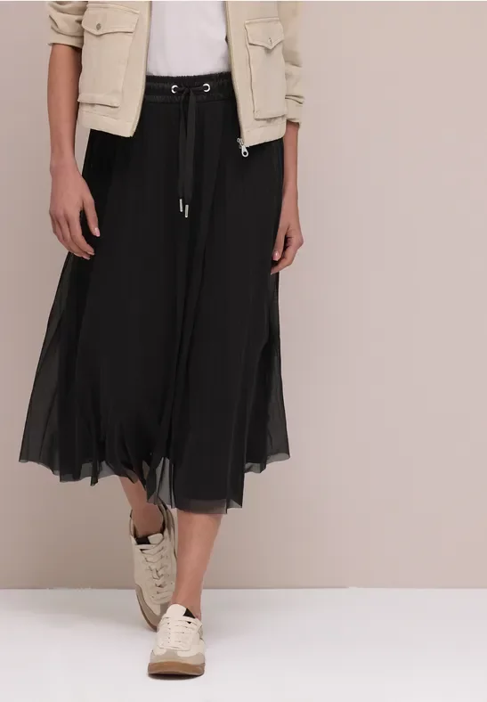 Street One Frauen Midi-Rock aus Mesh in Plisséestruktur in Schwarz, Gr: 38