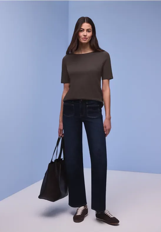 Street One Frauen Basic T-Shirt mit U-Boot-Ausschnitt in Braun, Gr: 42