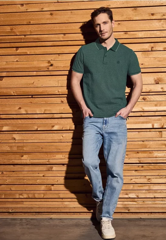 Street One MEN Männer Bedrucktes Piquée Poloshirt in Grün, Gr: L