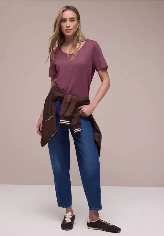 Street One Frauen Basic T-Shirt mit V-Neck in Rosa, Gr: 34