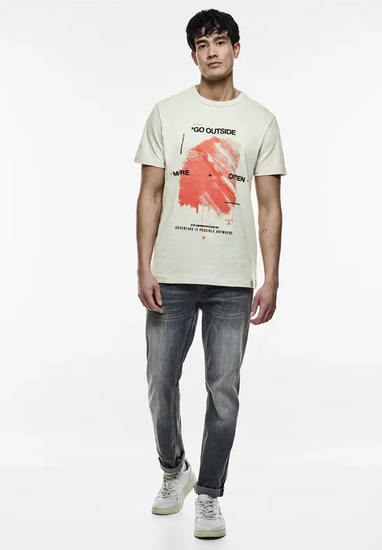 Street One MEN Männer 3D-Print Slub T-Shirt in Beige, Gr: XL