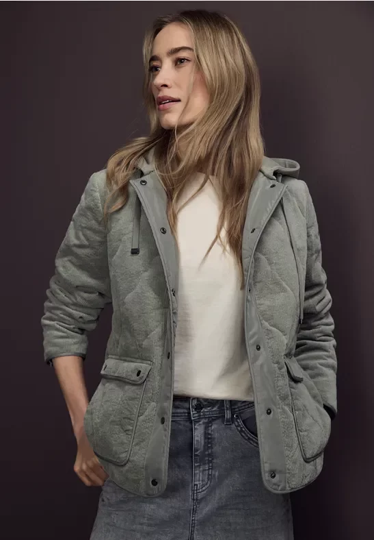 Thumbnail - Street One Frauen Cord Steppjacke mit Kapuze in Grün, Gr: 38