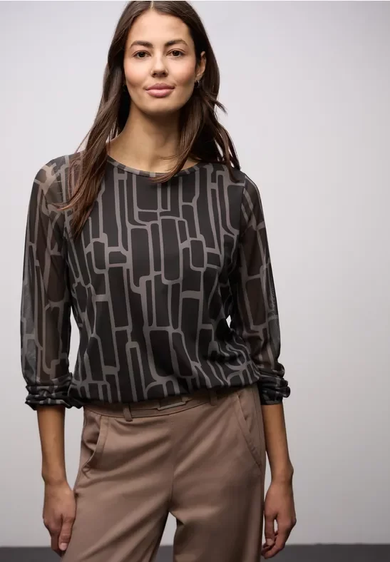 Street One Frauen Gemustertes Mesh Shirt in Braun, Gr: 36