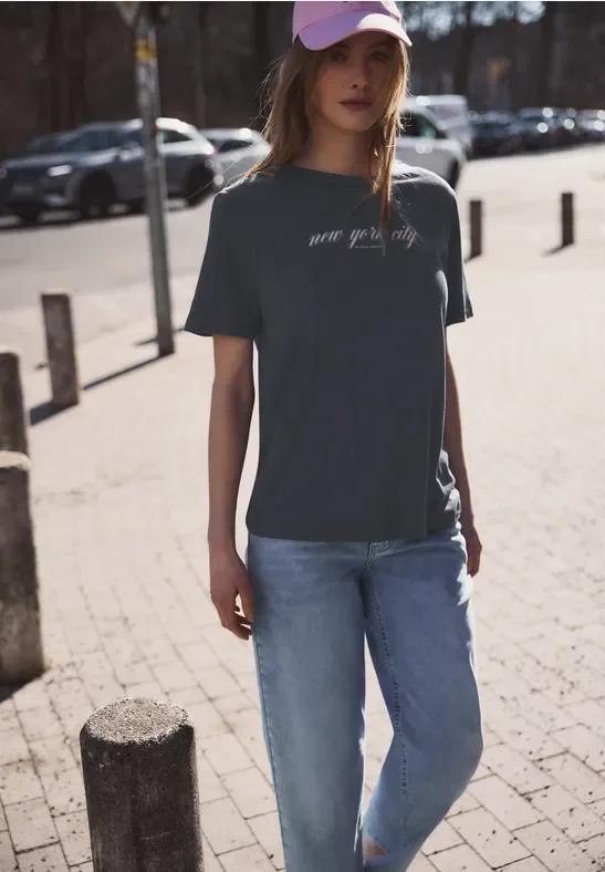 Street One Studio Frauen T-Shirt mit Wording in Grau, Gr: 42