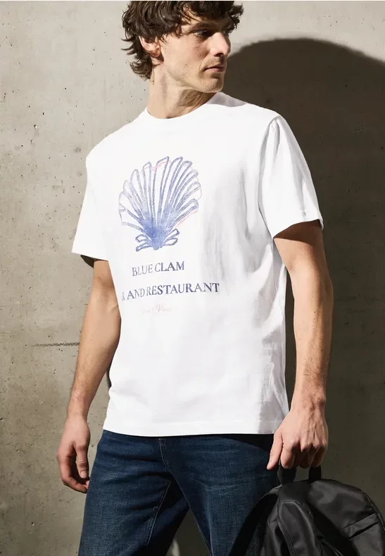 Street One MEN Männer T-Shirt mit Muschel-Print in Weiß, Gr: L