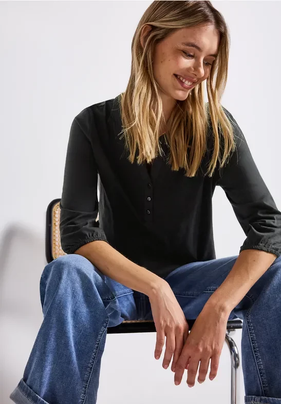 Street One Frauen Split Neck Jersey-Shirt in Schwarz, Gr: 38