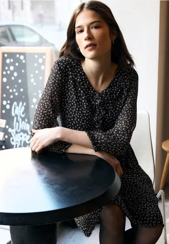 Street One Studio Frauen Gemustertes Chiffonkleid in Schwarz, Gr: 38