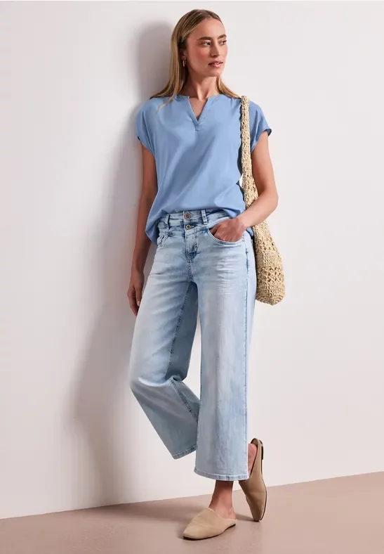 Street One Frauen Dropped Shoulder Bluse mit Split Neck in Blau, Gr: 40